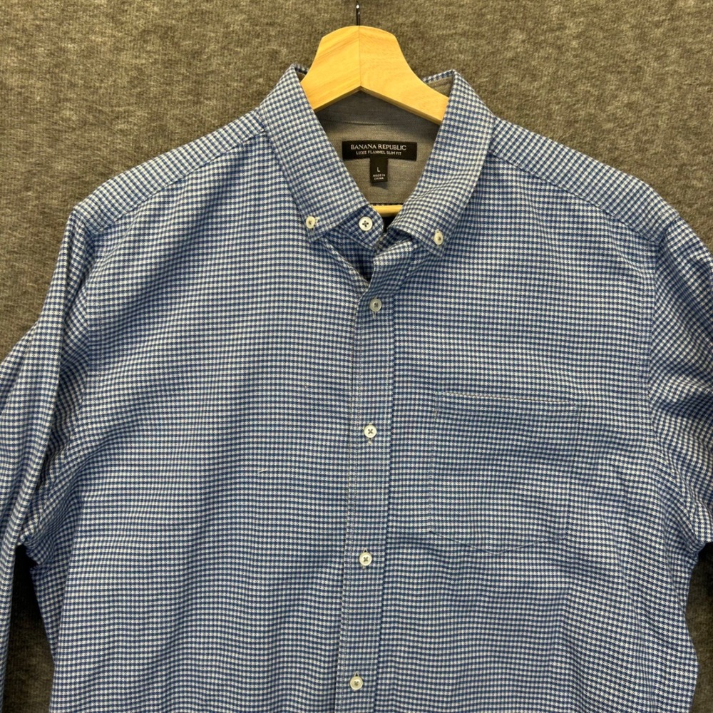 Banana Republic Mens Luxe Flannel Slim Fit Shirt Blue White Gingham Large‎ L